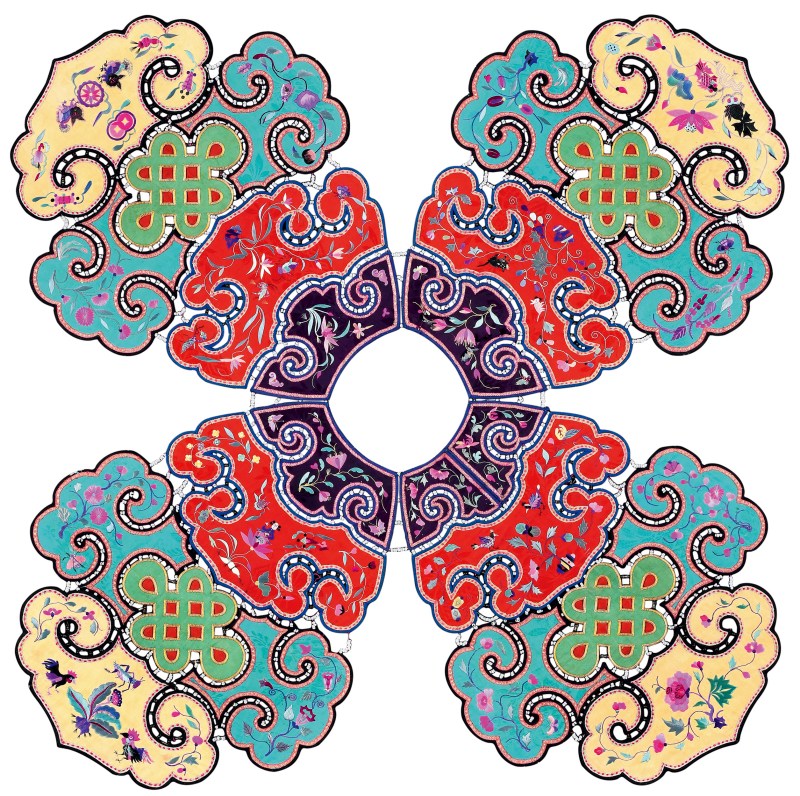 清 四合如意式人物花鸟纹云肩