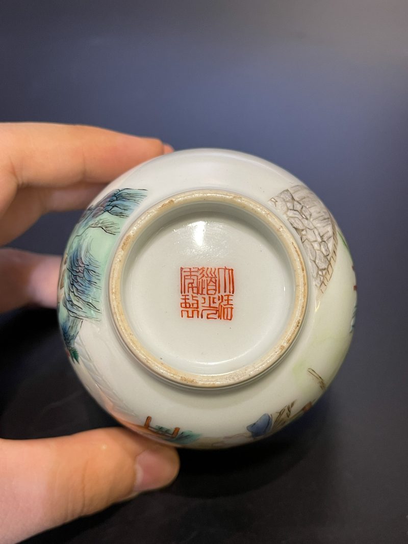 清中期 粉彩耕织图诗文杯 - 图10