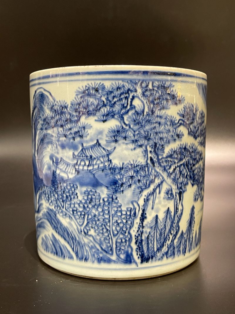 清康熙 青花山水松阁图笔筒 - 图5