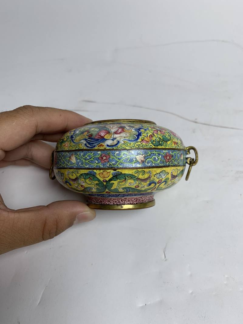 清乾隆 铜胎画珐琅西洋人物图活环耳水丞 - 图2