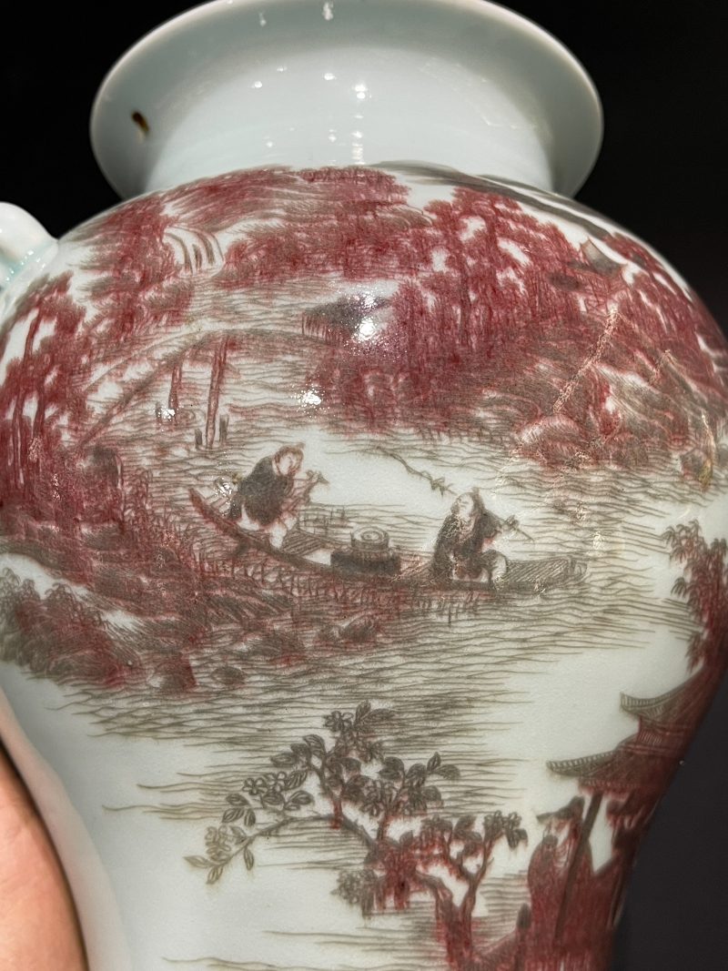 清中期 釉里红山水人物图铺首尊 - 图8