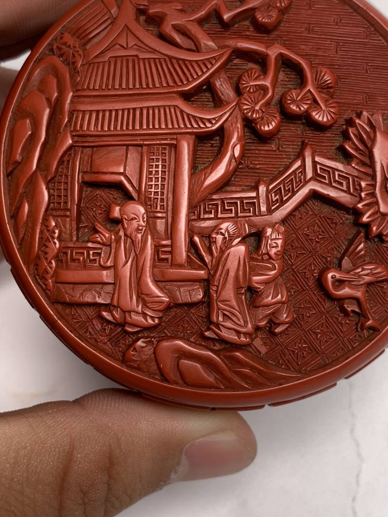 明早期 剔红楼阁人物小圆盒 - 图4