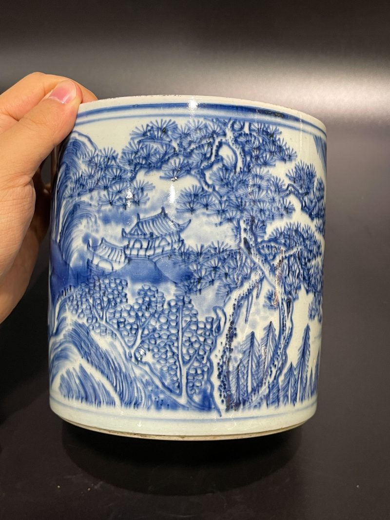 清康熙 青花山水松阁图笔筒 - 图6