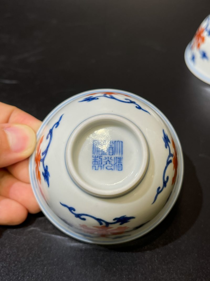 清道光 青花矾红宝相花纹茶圆一对 - 图17