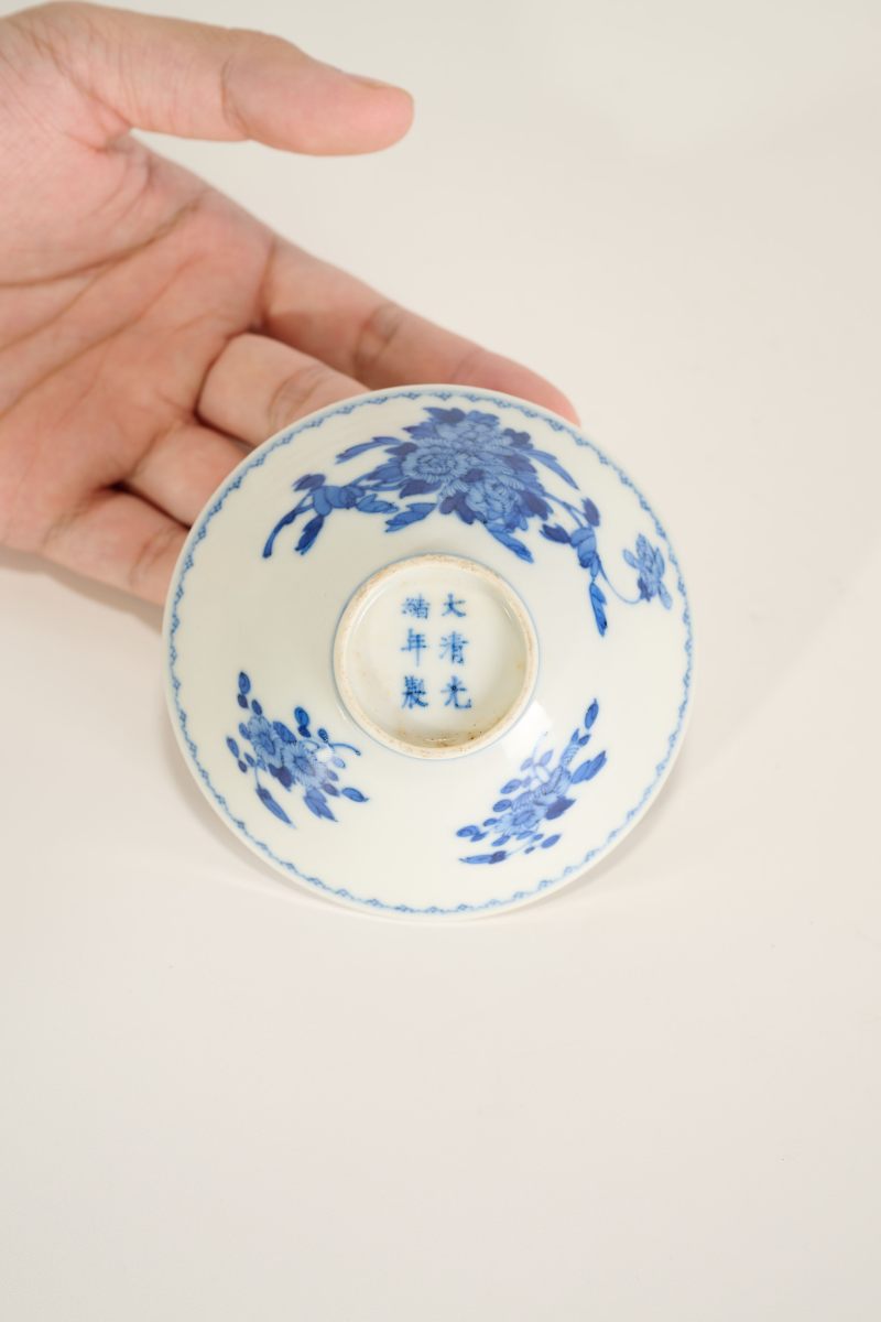 Lot816 清光绪 青花蚕桑纹斗笠碗一对 - 图5