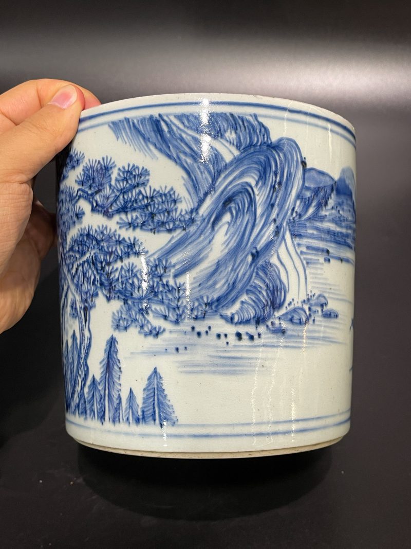 清康熙 青花山水松阁图笔筒 - 图8