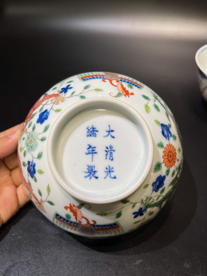 清光绪 青花五彩龙凤纹碗一对 - 图12