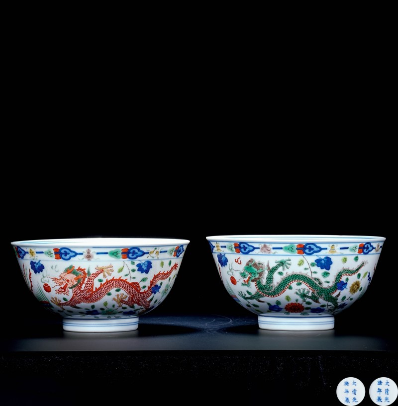 清光绪 青花五彩龙凤纹碗一对