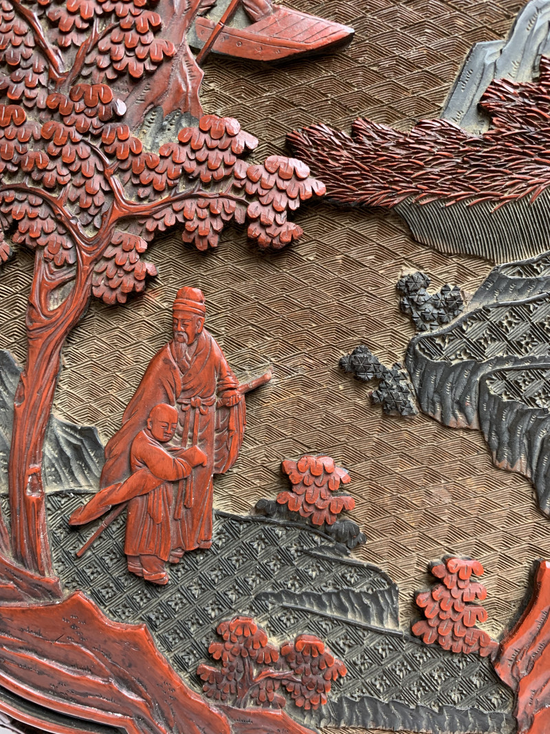 清乾隆 剔彩高士赏游图葵式大捧盒 - 图8