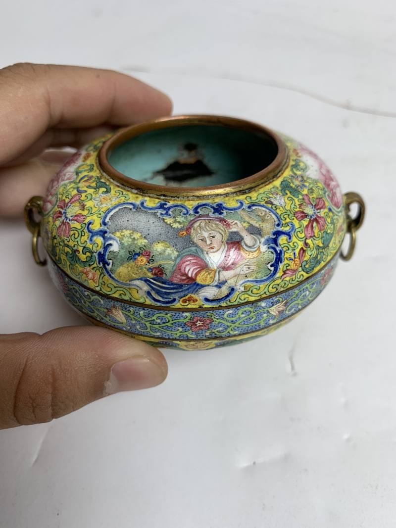 清乾隆 铜胎画珐琅西洋人物图活环耳水丞 - 图6