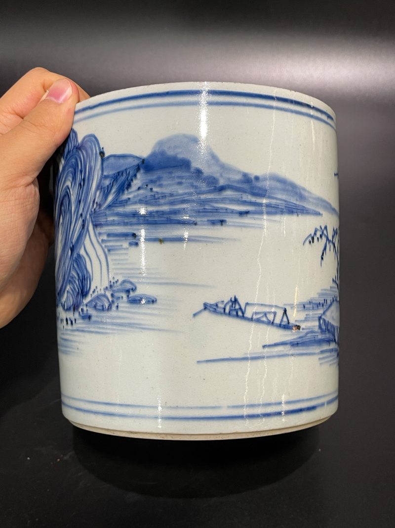 清康熙 青花山水松阁图笔筒 - 图9