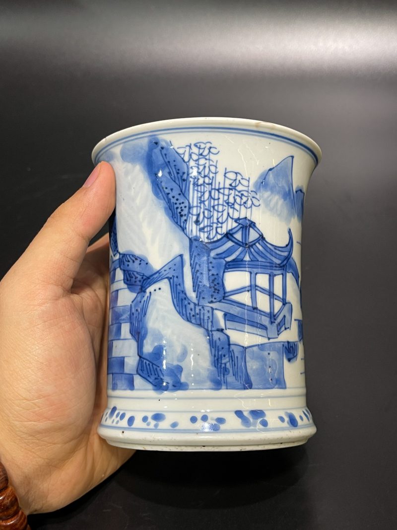 清康熙 青花山水亭阁图笔筒 - 图7