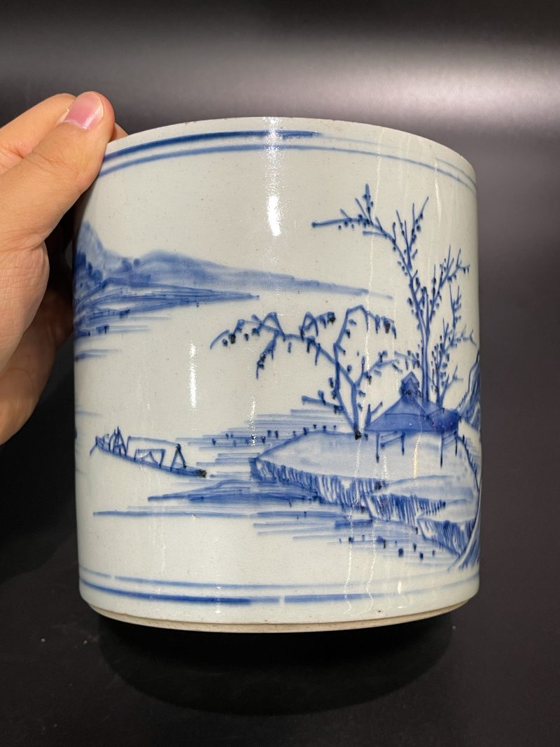 清康熙 青花山水松阁图笔筒 - 图10