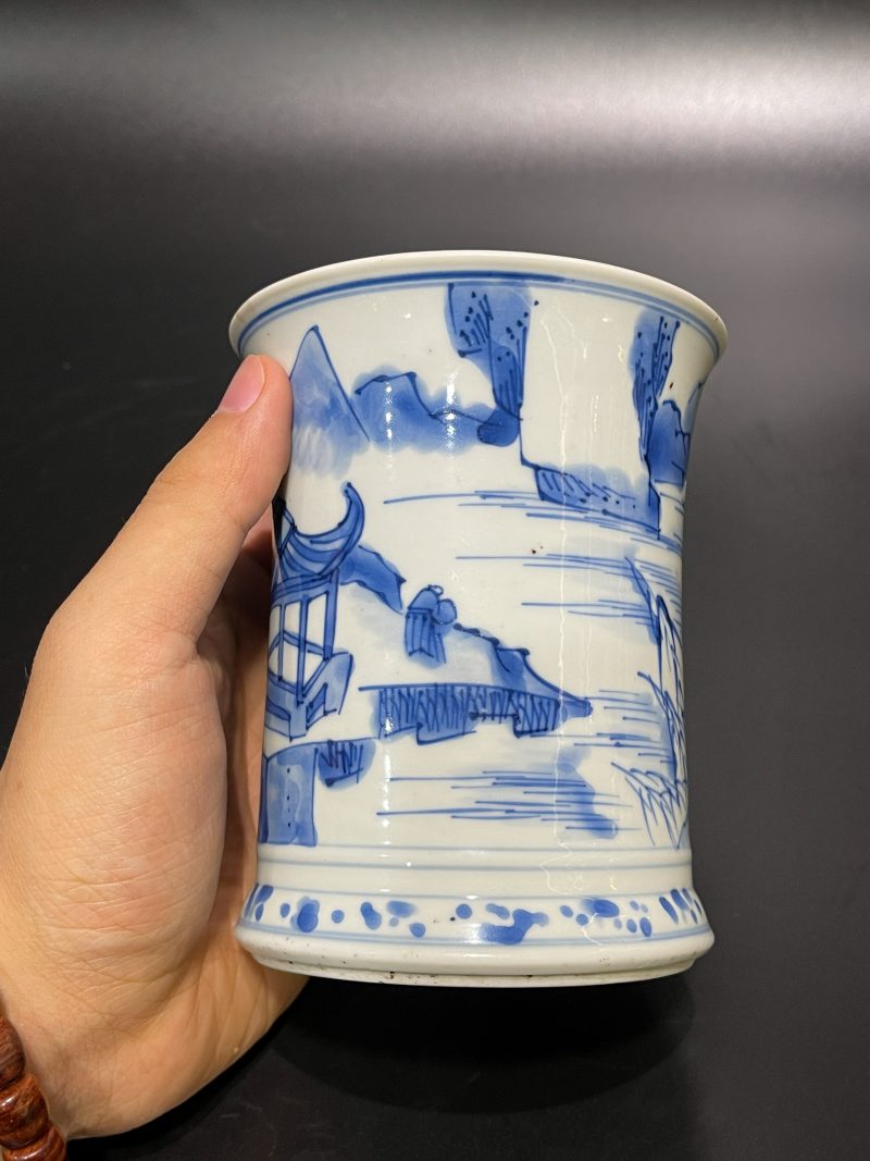 清康熙 青花山水亭阁图笔筒 - 图8
