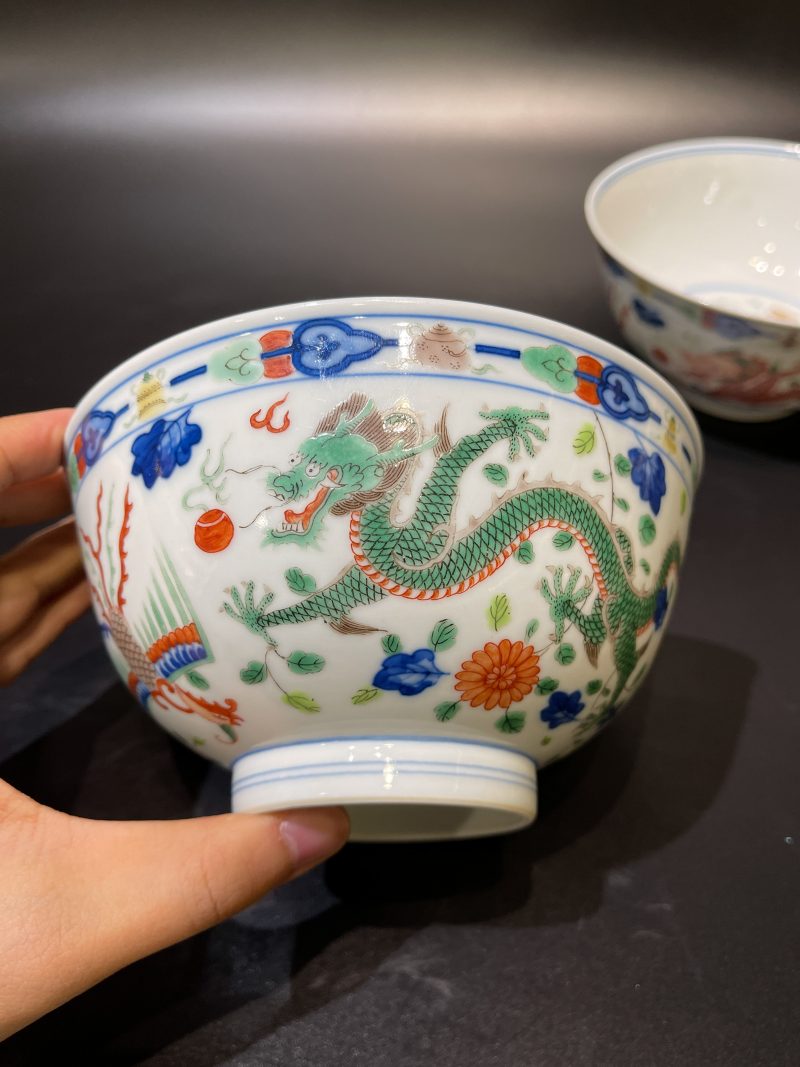 清光绪 青花五彩龙凤纹碗一对 - 图3