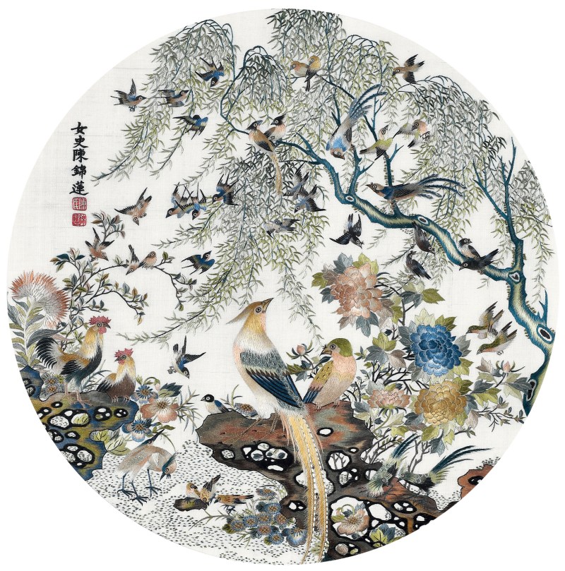 清 粤绣花鸟圆光