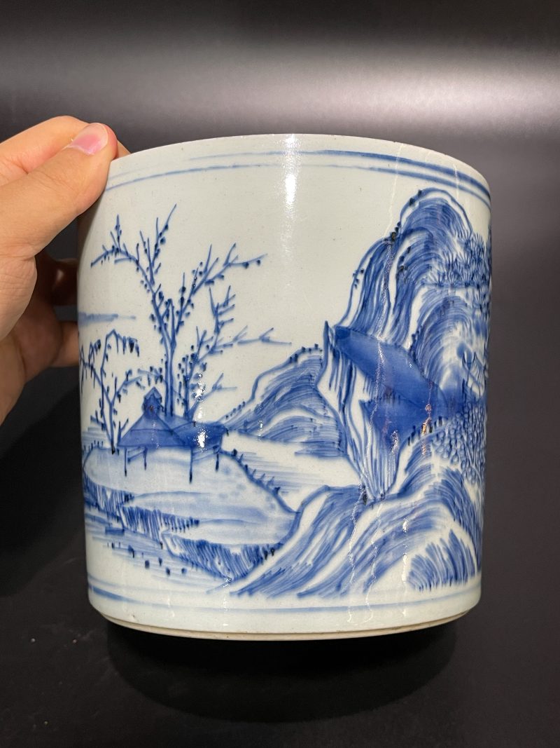 清康熙 青花山水松阁图笔筒 - 图11