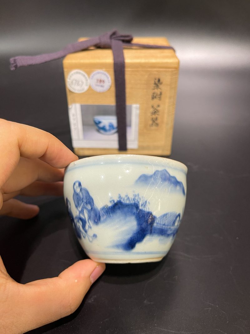 明崇祯 青花高士图小案缸 - 图6