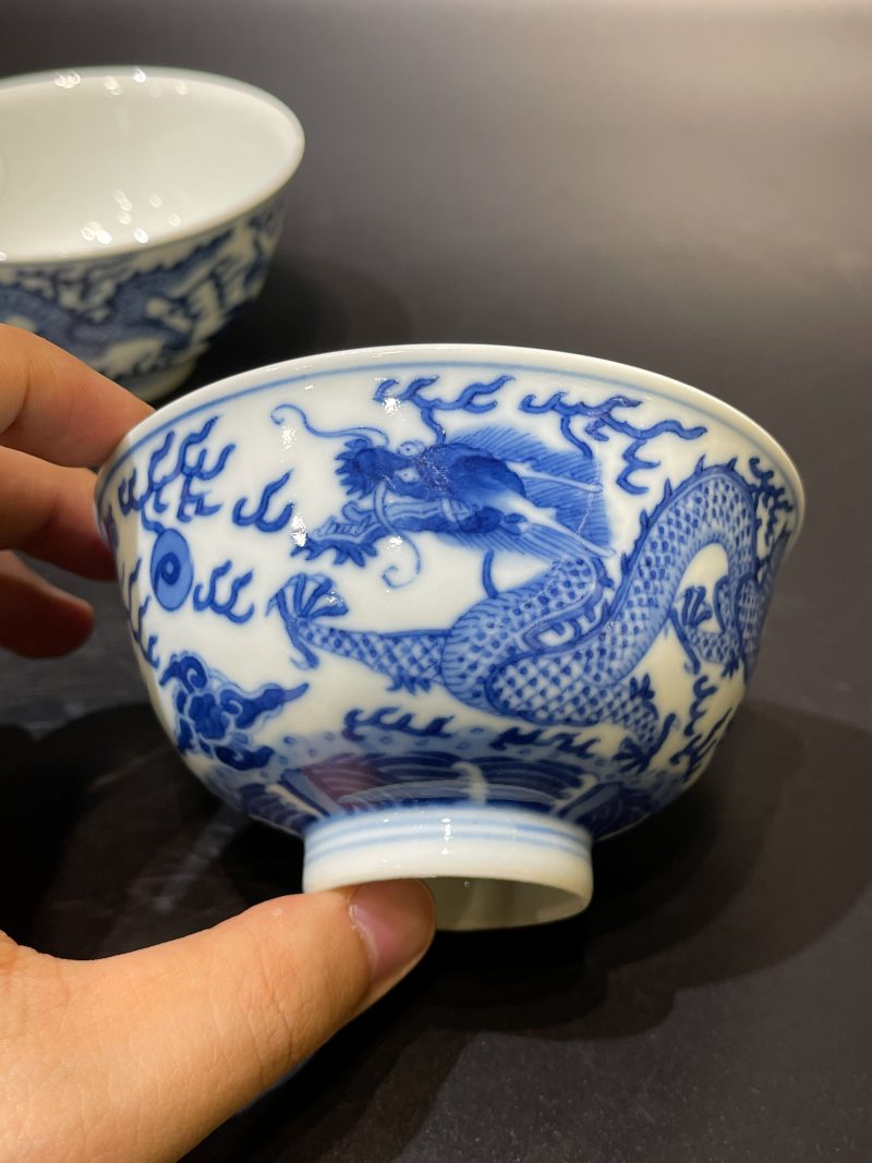 清同治 青花云龙纹茶圆一对 - 图12