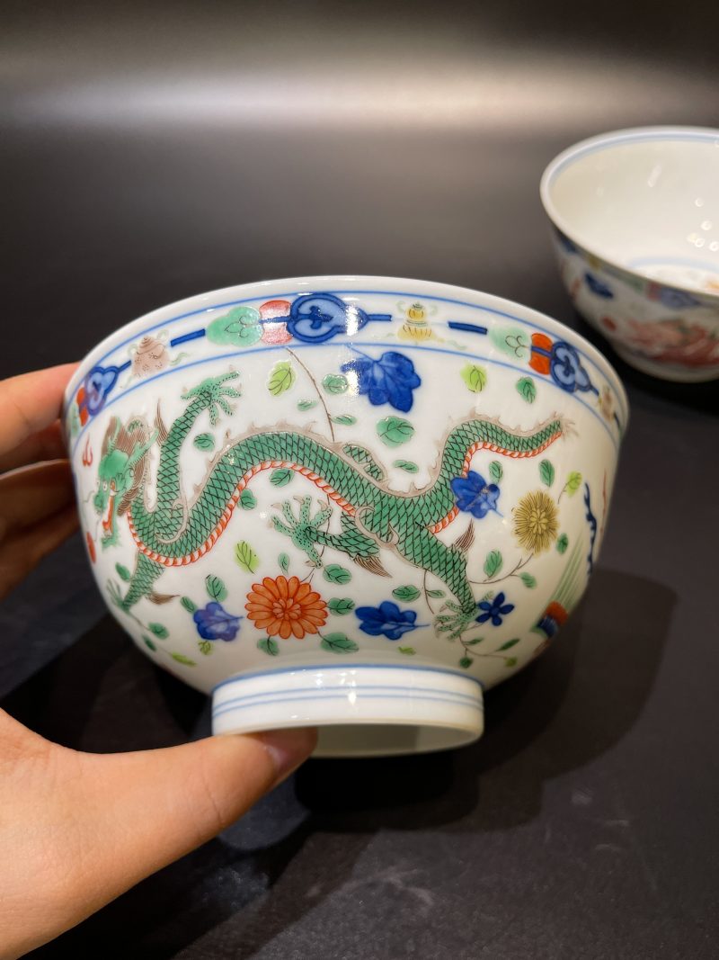 清光绪 青花五彩龙凤纹碗一对 - 图4