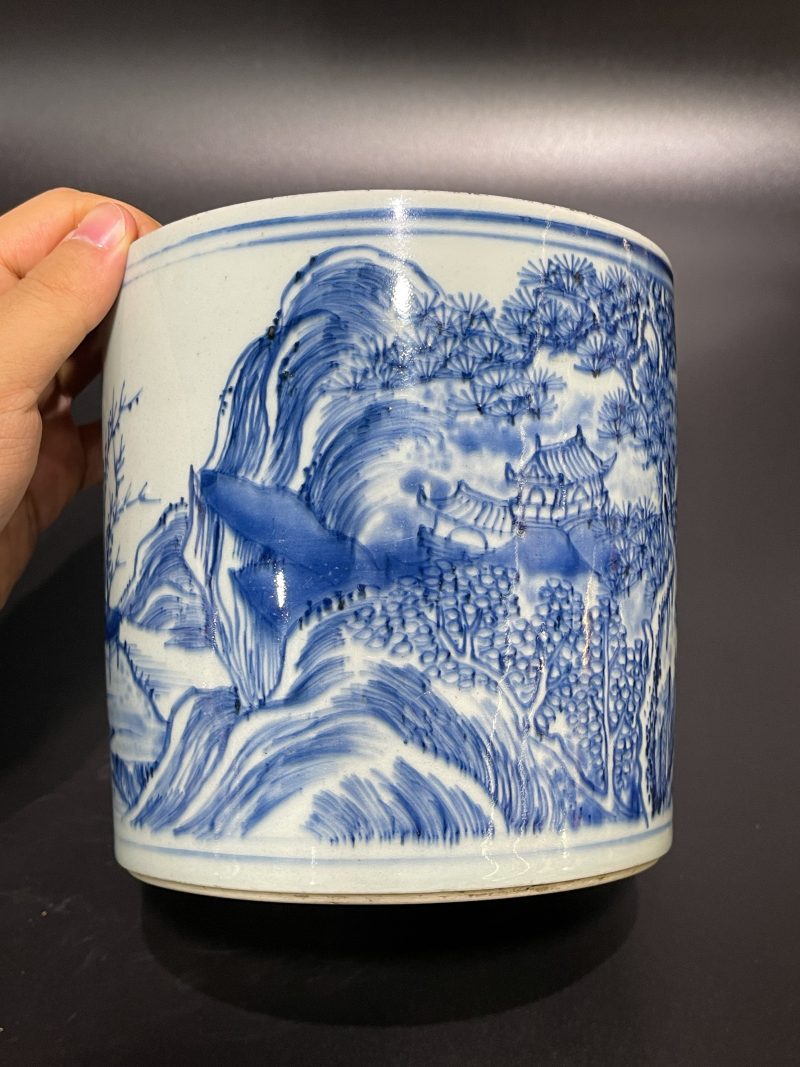 清康熙 青花山水松阁图笔筒 - 图12