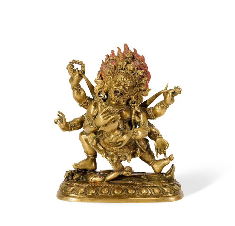 Lot930 清乾隆 铜鎏金大黑天像