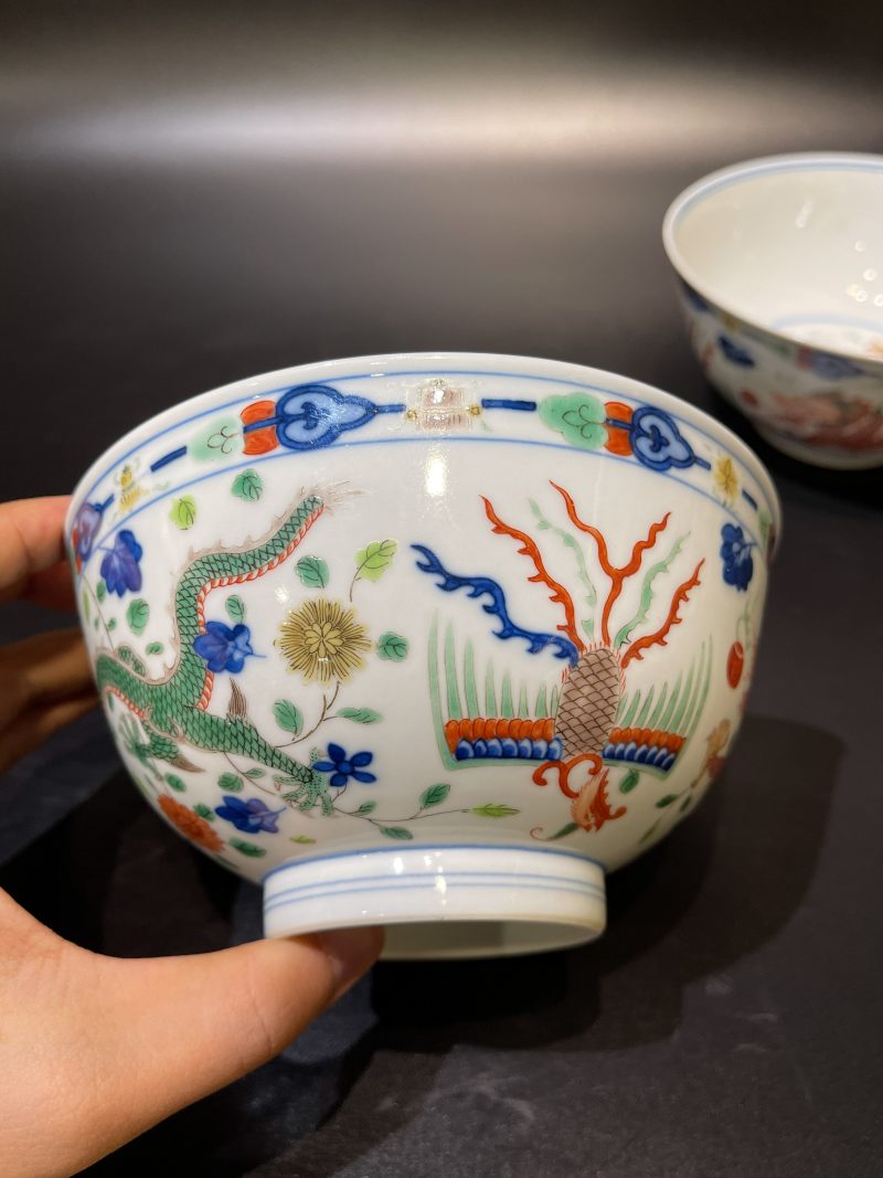 清光绪 青花五彩龙凤纹碗一对 - 图5