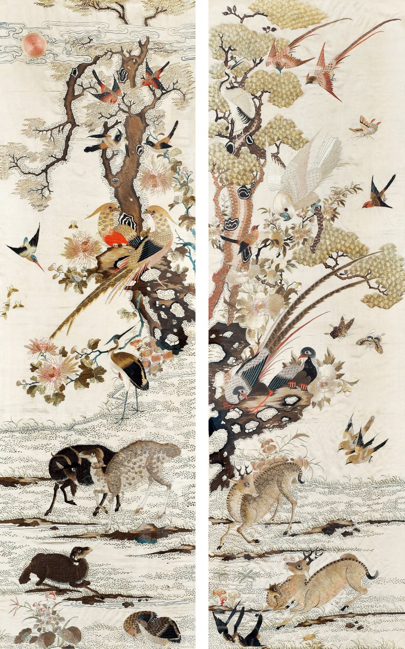 清 粤绣花鸟瑞兽对屏