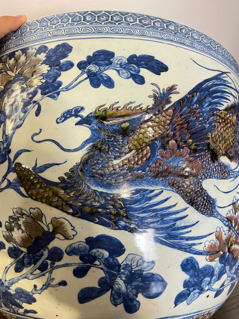 清中期 青花釉里红牡丹锦鸡图大缸 - 图9