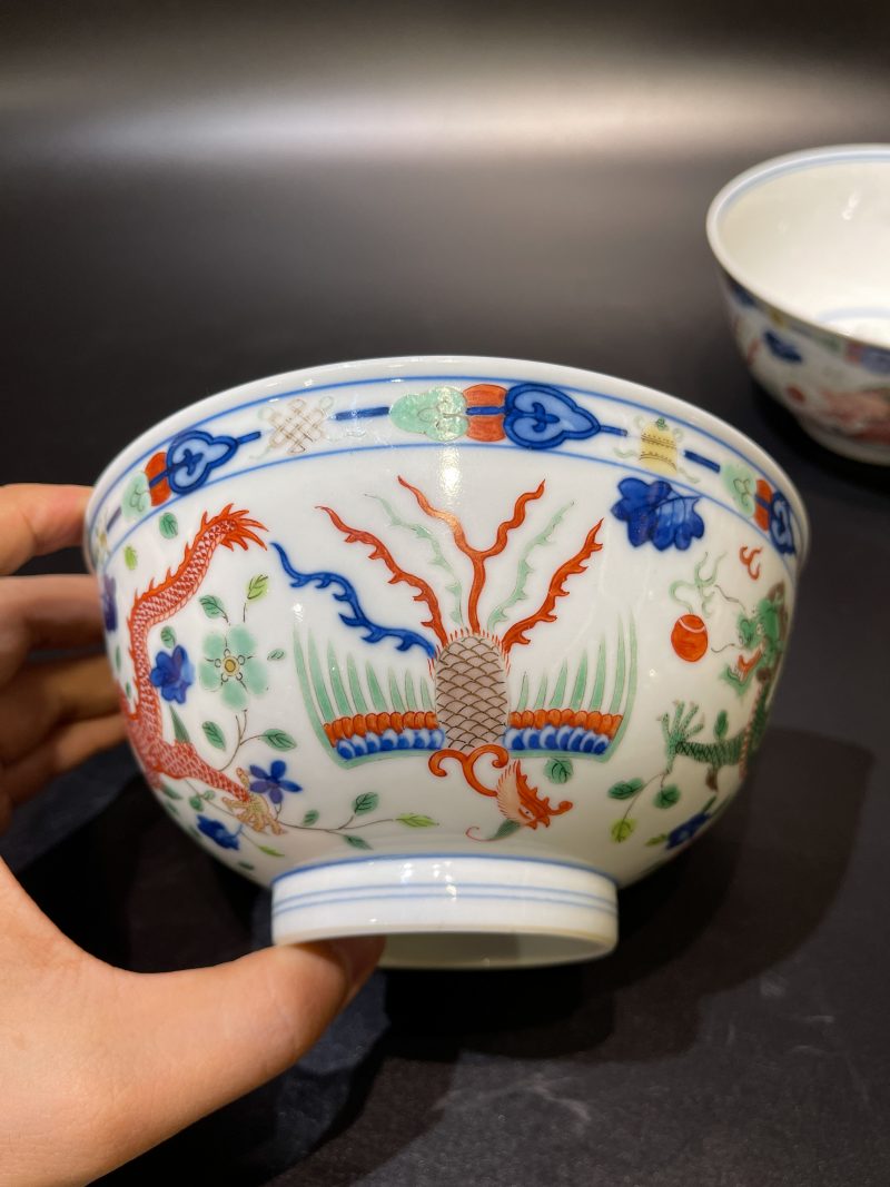 清光绪 青花五彩龙凤纹碗一对 - 图9