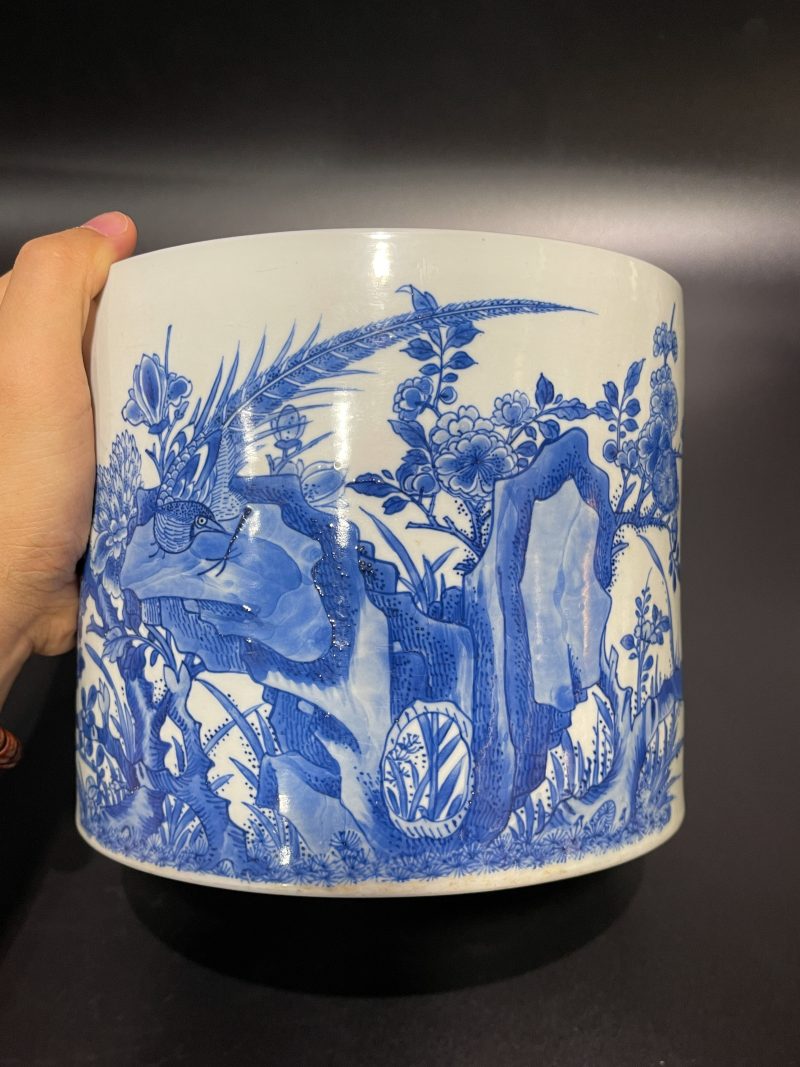 清康熙 青花雉鸡牡丹纹笔筒 - 图4