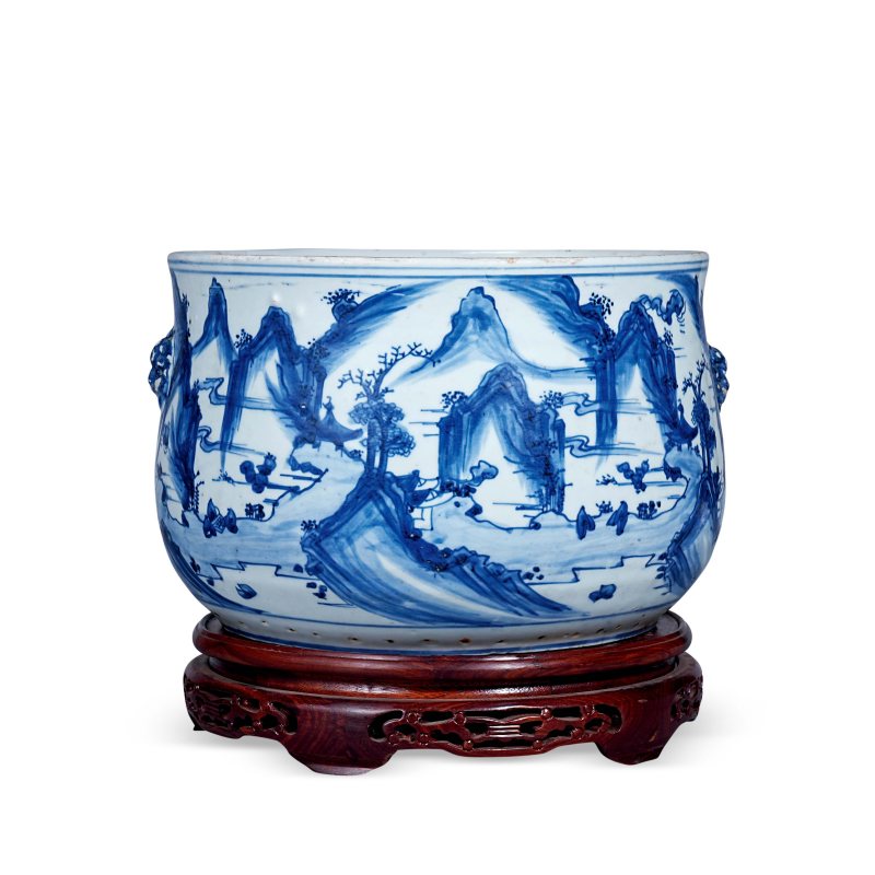 明天启 青花山水人物图铺首大炉
