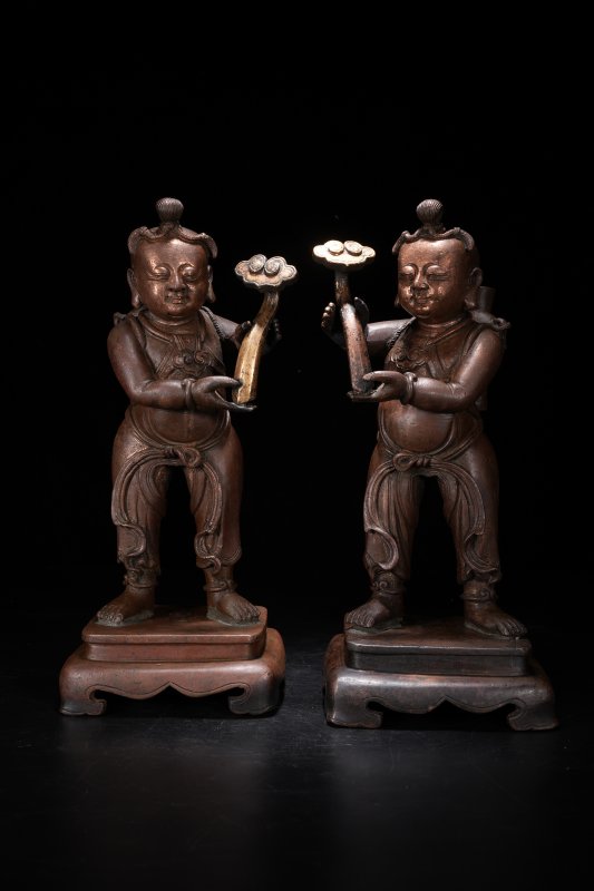 元 铜如意童子香插一对 - 图2