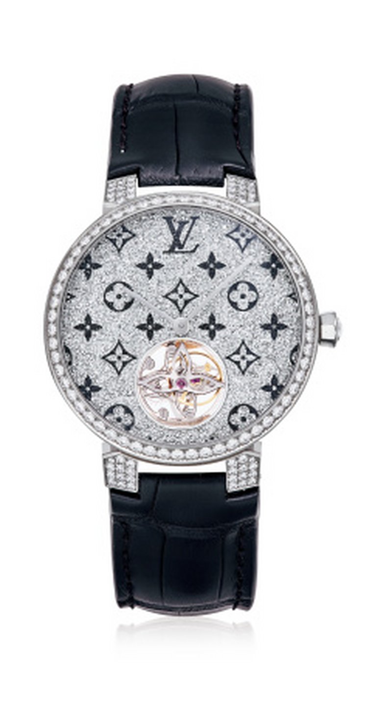 路易威登 Tambour Tourbillon Slim系列 18K白金自动上弦镶钻腕表 陀飞轮装置