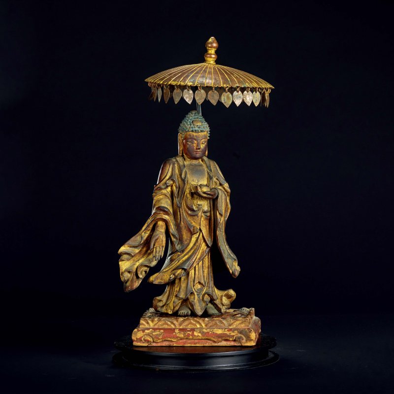 明 木雕接引佛（带铜伞）