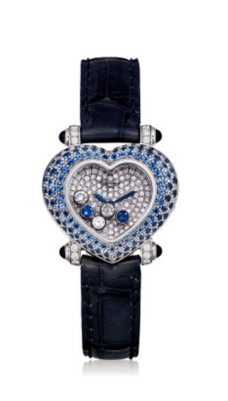 萧邦 快乐钻石系列 18K白金女款镶钻及蓝色宝石腕表 