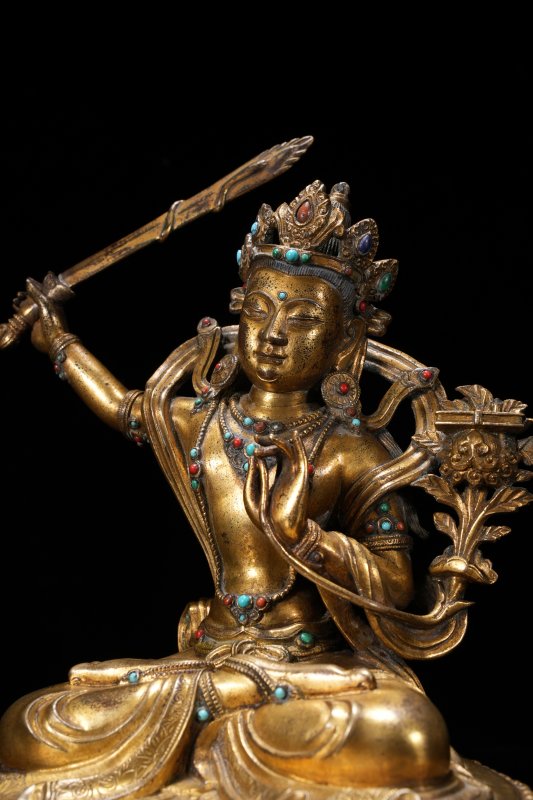 清康熙 铜鎏金嵌宝文殊菩萨 - 图3