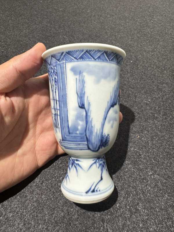 清康熙 青花教子图高足杯 - 图4