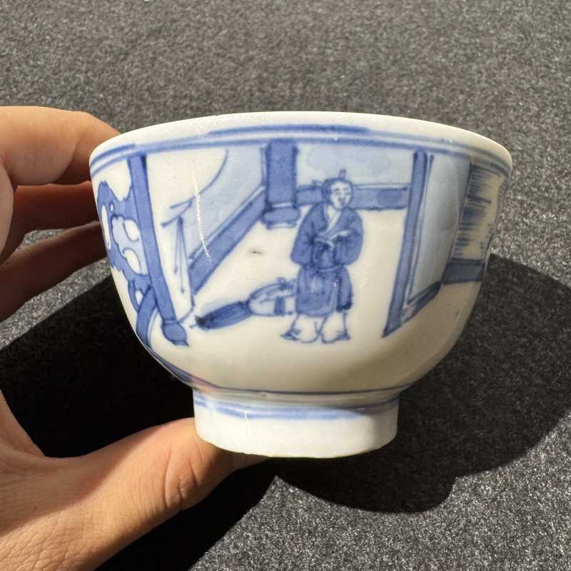 清康熙 青花人物故事诗文碗一对 - 图2