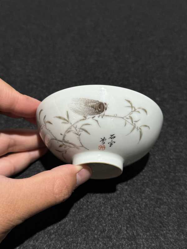 清晚期 石宇初绘墨彩鸣蝉图茶圆 - 图2