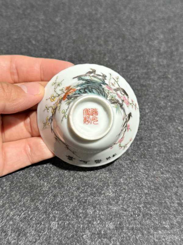 民国 粉彩喜上眉梢图花口杯六只一组 - 图32