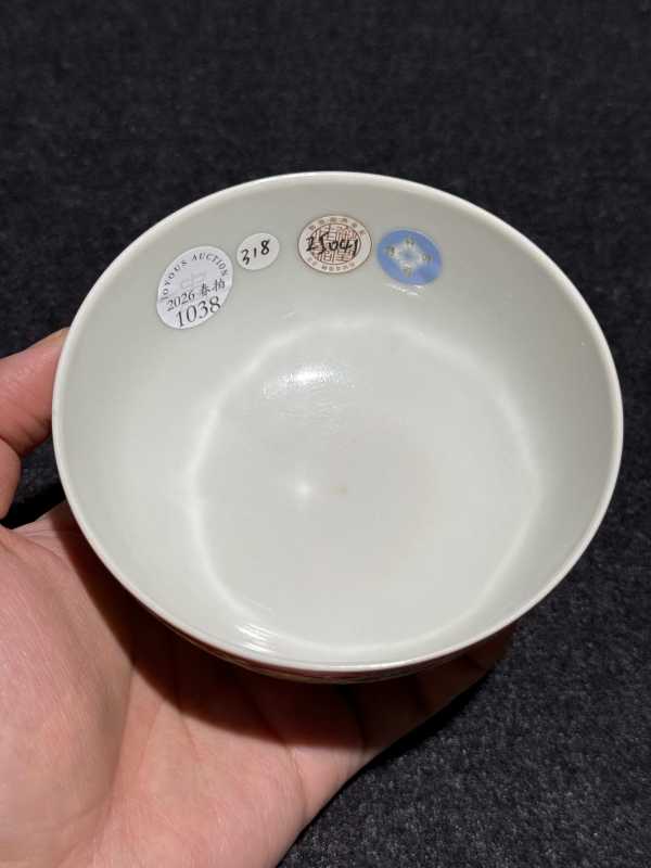 清道光 珊瑚红地洋彩开光牡丹纹碗 - 图9