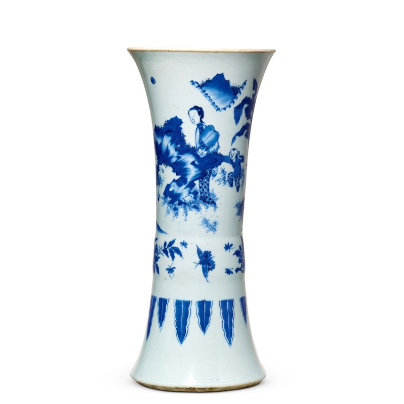 明崇祯 青花教子图花觚