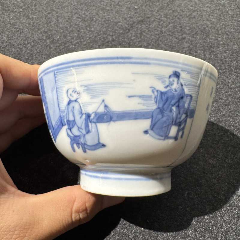 清康熙 青花人物故事诗文碗一对 - 图9