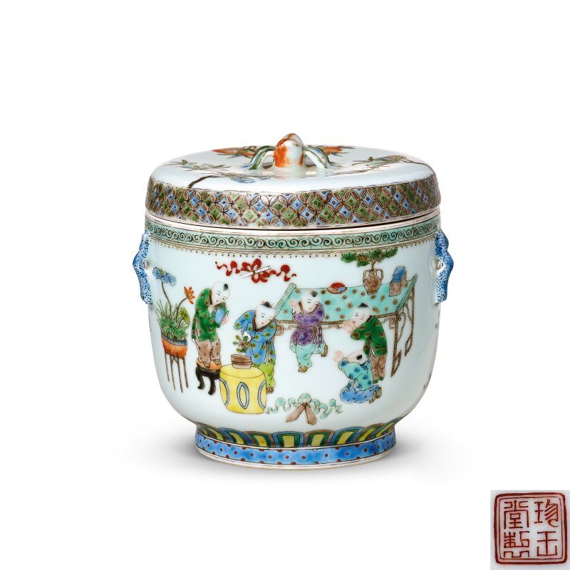 清道光 五彩婴戏图盖罐