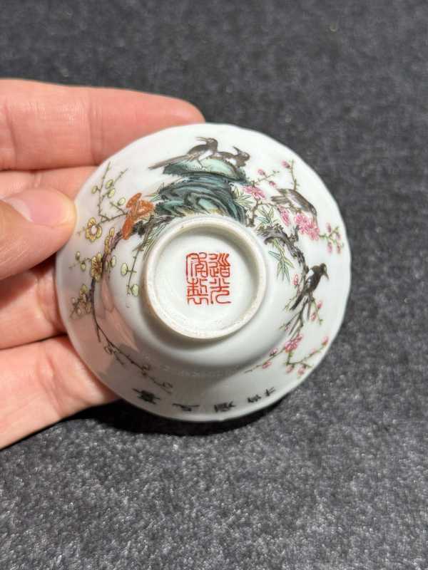 民国 粉彩喜上眉梢图花口杯六只一组 - 图7