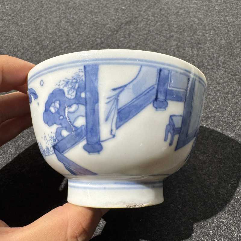 清康熙 青花人物故事诗文碗一对 - 图10