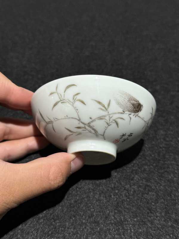 清晚期 石宇初绘墨彩鸣蝉图茶圆 - 图3