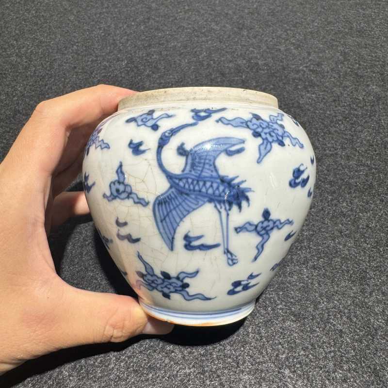 明成化 青花云鹤纹盖罐 - 图2