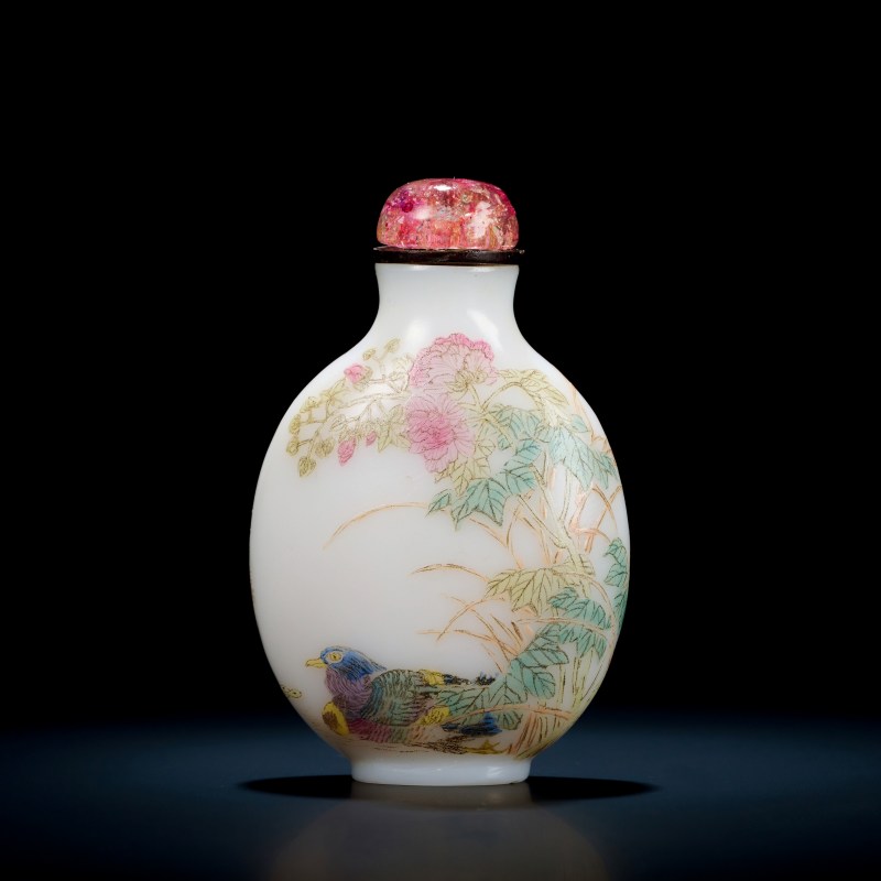 清 料胎画珐琅花卉游鸟图鼻烟壶
